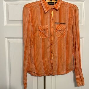 Harley Davidson Pearl Snap Shirt Womens Medium Orange Long Sleeve Cotton Biker